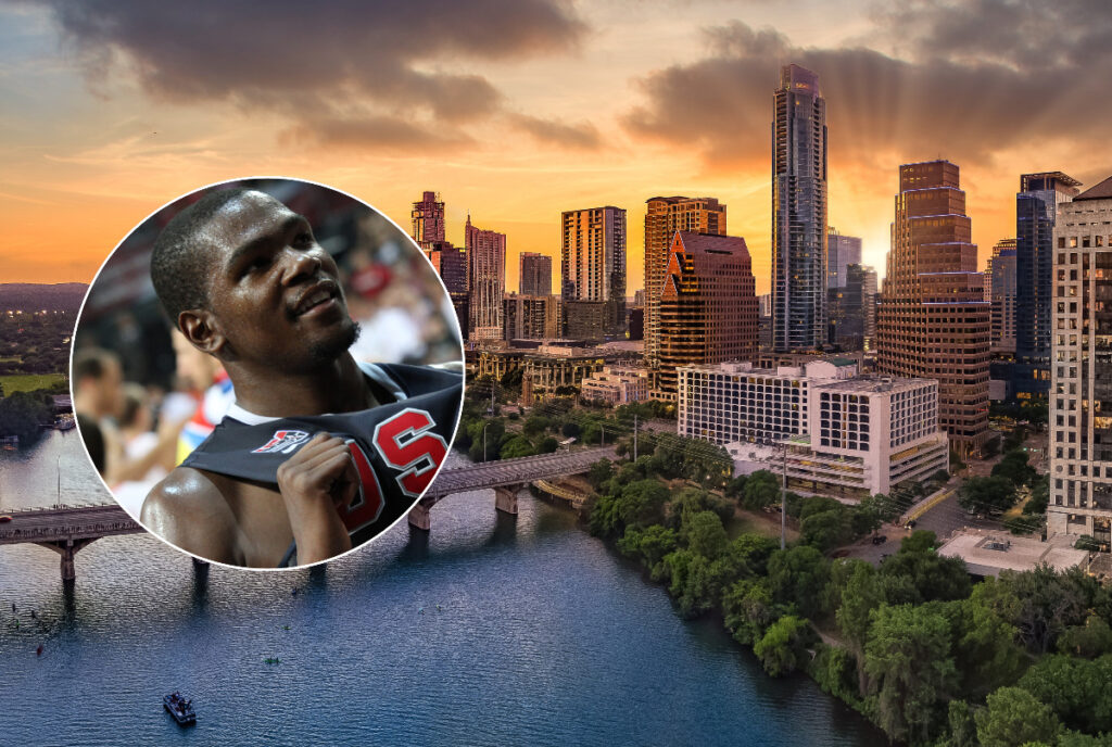 Image shows a superimposed portrait of Kevin Durant over a photograph of the Austin skyline and bridge.