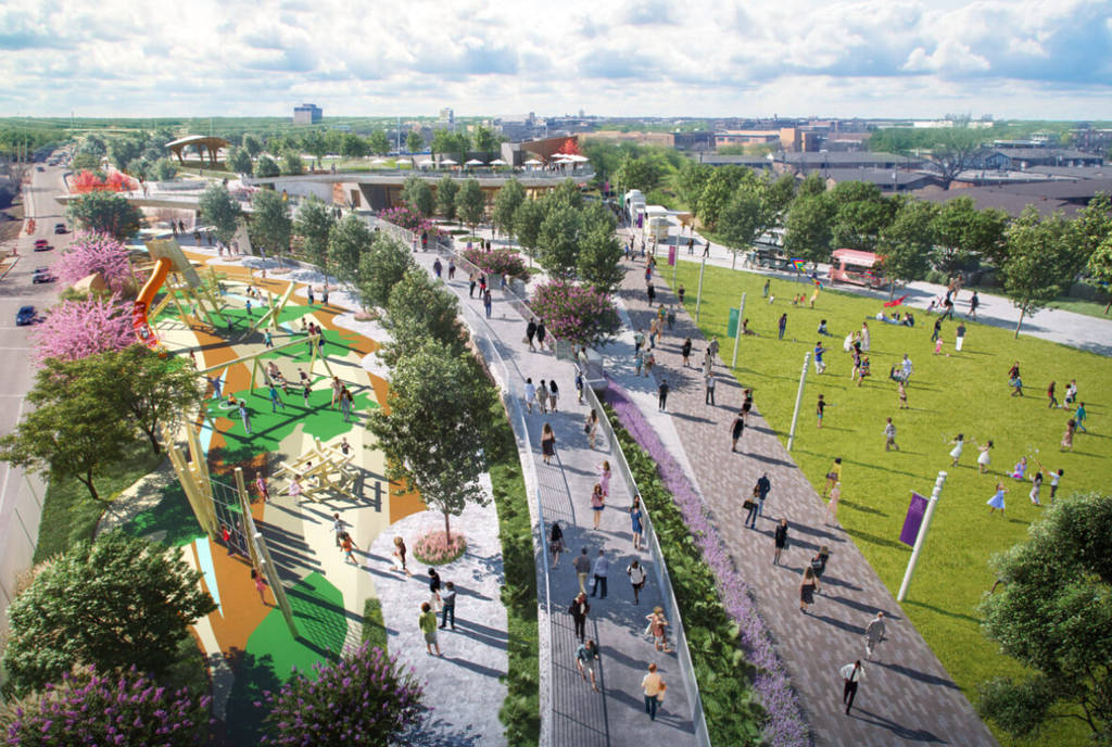 Rendering shows concept for Halperin Park featuring long walkways and a green space.