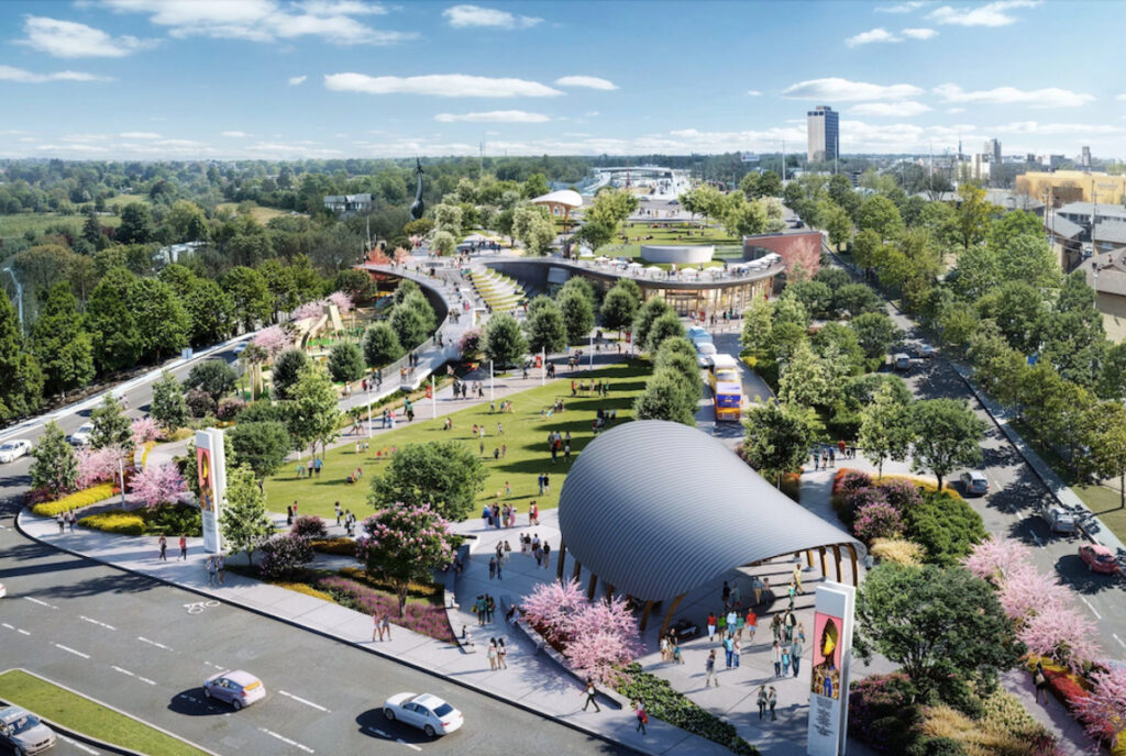 Rendering shows concept for Halperin Park featuring deck park area.