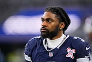 Dallas Cowboys cornerback Trevon Diggs (7) walks along he sideline during the first half of...