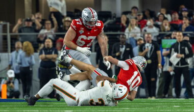 Miami defensive lineman Akheem Mesidor (3) sacks Ohio State redshirt freshman quarterback Julian Sayin (10) during the game Wednesday. The No. 2 Buckeyes lost to the No. 10 Miami Hurricanes 24-14 at the Cotton Bowl in Arlington, Texas. Credit: Sandra Fu