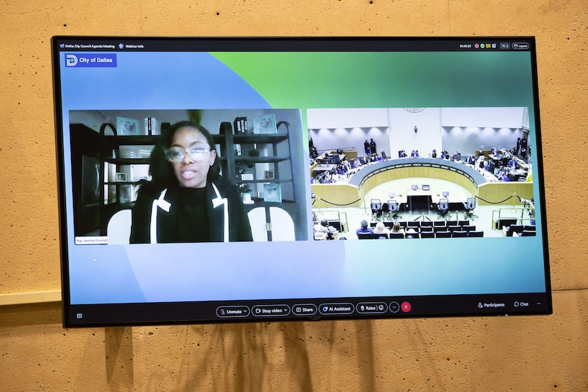 U.S. Rep. Jasmine Crockett speaks virtually during open microphone of a City Council meeting...