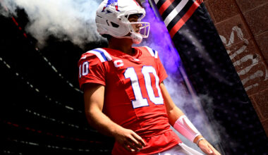 FOXBOROUGH, MASSACHUSETTS - SEPTEMBER 21: Drake Maye #10 of the New England Patriots exits the tunnel before the game against the Pittsburgh Steelers at Gillette Stadium on September 21, 2025 in Foxborough, Massachusetts. (Photo by Jaiden Tripi/Getty Images)