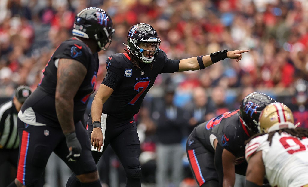 HOUSTON, TEXAS - OCTOBER 26: C.J. Stroud #7 of the Houston Texans signals at the line of scrimmage in the first half against the San Francisco 49ers at NRG Stadium on October 26, 2025 in Houston, Texas. (Photo by Tim Warner/Getty Images)