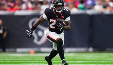 HOUSTON, TX - NOVEMBER 02: Woody Marks #27 of the Houston Texans carries the ball against the Denver Broncos during the second half of an NFL football game at NRG Stadium on November 2, 2025 in Houston, Texas. (Photo by Cooper Neill/Getty Images)