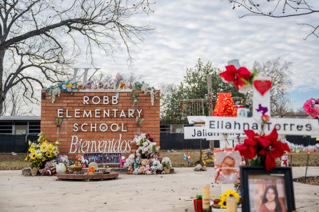 A memorial dedicated to the 19 children and two adults murdered on May 24, 2022 during a mass shooting at Robb Elementary School is seen on January 06, 2026 in Uvalde, Texas.