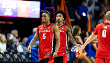 GAINESVILLE, FLORIDA - JANUARY 06: Jeremiah Wilkinson #5 of the Georgia Bulldogs looks on before the start of a game against the Florida Gators at the Stephen C. O'Connell Center on January 06, 2026 in Gainesville, Florida. (Photo by James Gilbert/Getty Images)