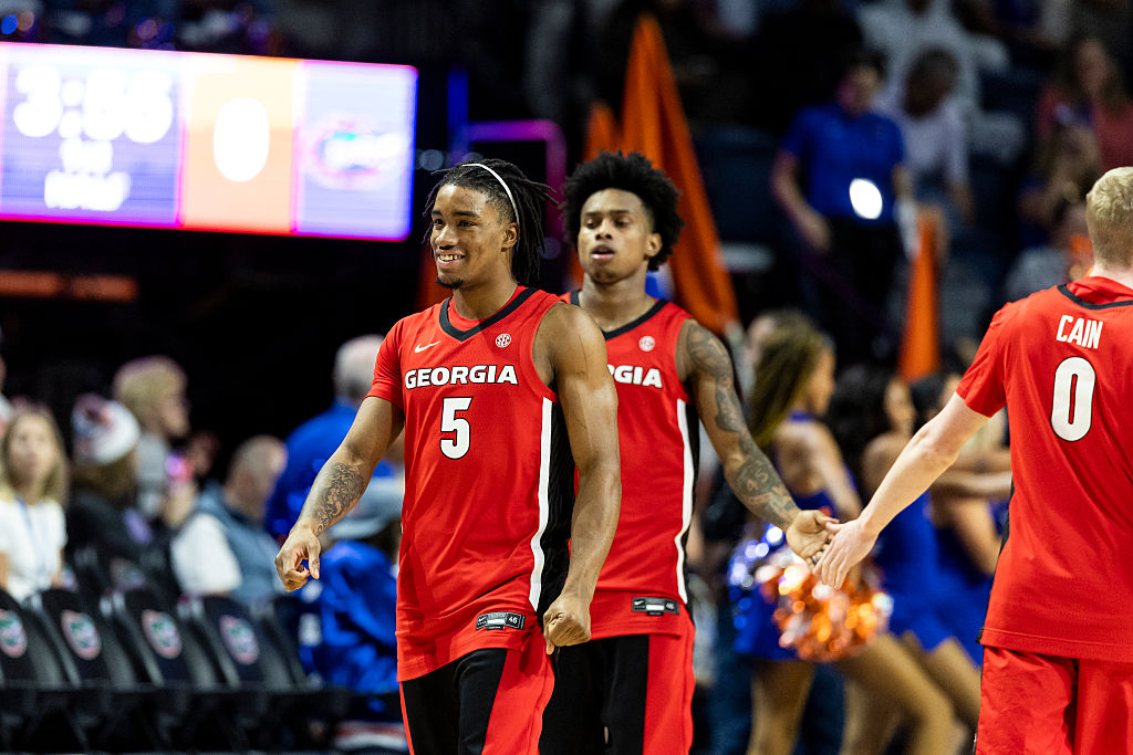 GAINESVILLE, FLORIDA - JANUARY 06: Jeremiah Wilkinson #5 of the Georgia Bulldogs looks on before the start of a game against the Florida Gators at the Stephen C. O'Connell Center on January 06, 2026 in Gainesville, Florida. (Photo by James Gilbert/Getty Images)