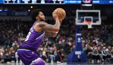 Brice Sensabaugh #28 of the Utah Jazz takes a three point shot during the second half against the D...