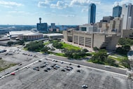 An aerial view of Dallas City Hall (right) in downtown Dallas in September 2025. 