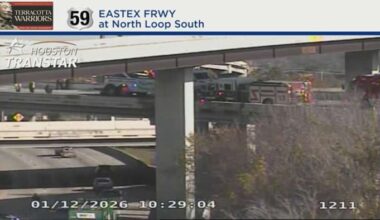 Overturned 18-wheeler causes hazmat spill, shuts down exit ramp on Eastex Freeway at 610 North Loop