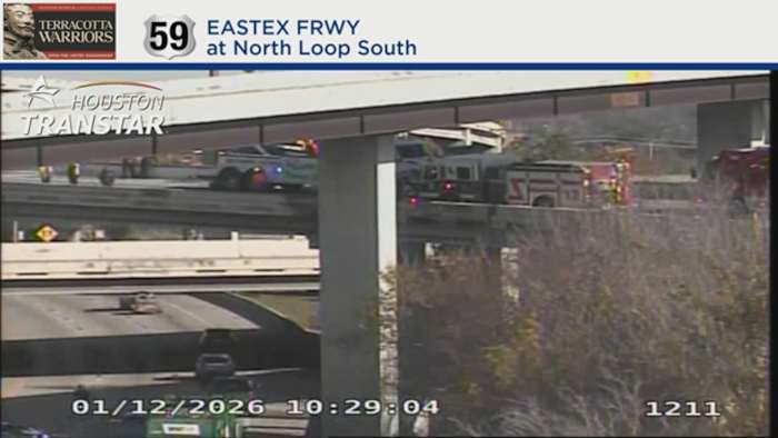 Overturned 18-wheeler causes hazmat spill, shuts down exit ramp on Eastex Freeway at 610 North Loop