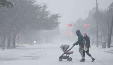 People take a walk in the neighborhood Tuesday, Jan. 21, 2025, in Houston. (AP Photo/Ashley Landis)
