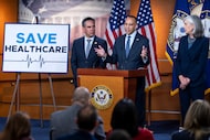 House Minority Leader Hakeem Jeffries, D-N.Y., flanked by Rep. Pete Aguilar, D-Calif., left,...