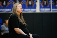 Brianne Groth, Bryon Nelson volleyball head coach, watches players practice Wednesday, Oct....