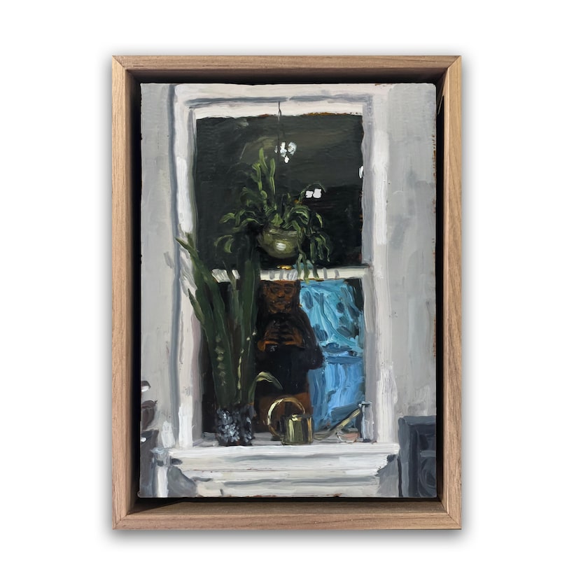 Drea Cofield's "Night Still Life," a 2025 oil-on-cardboard painting, depicts a man viewed...