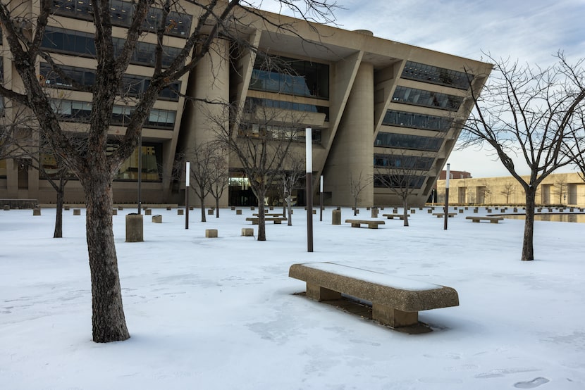 A blanket of snow covers Dallas City Hall Jan. 27, 2026 in Dallas. 