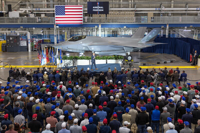 Secretary of War Pete Hegseth addresses employees of Lockheed Martin Aeronautics in front of an F-35 Lightning II. Secretary of War Pete Hegseth addresses employees of Lockheed Martin Aeronautics in front of an F-35 Lightning II.