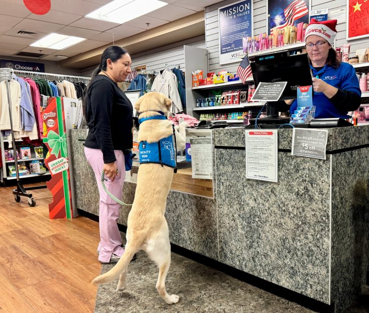 A woman with pink pants holds a guide dog's leash at a store counter. The dog, wearing a service vest, stands on hind legs. A clerk wearing a Santa hat assists them.