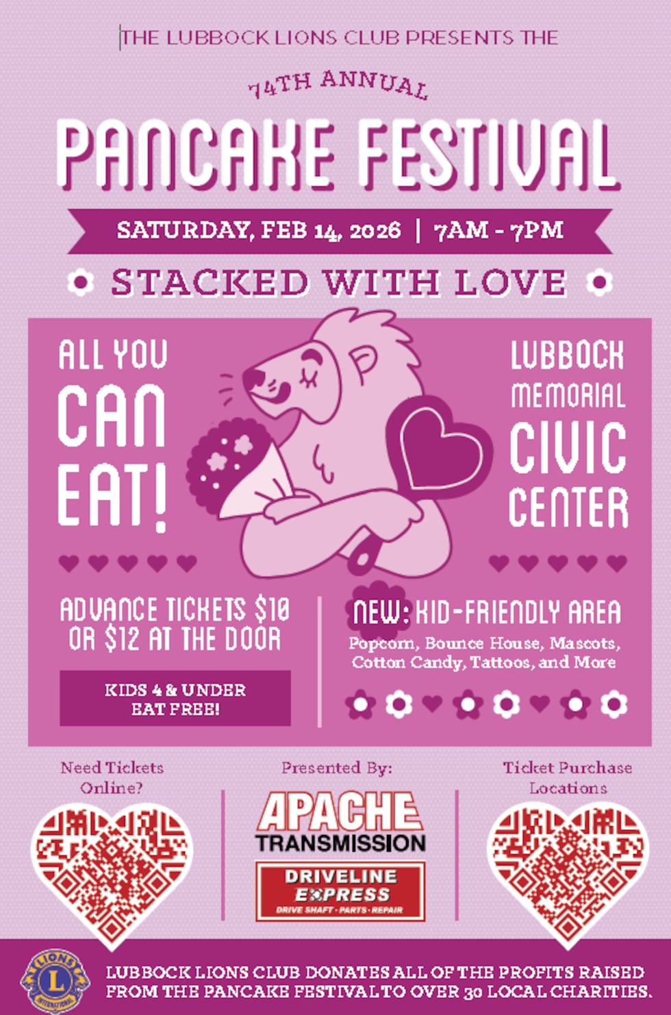 The Lubbock Lions Club will host its 74th annual Pancake Festival on Valentine’s Day,...