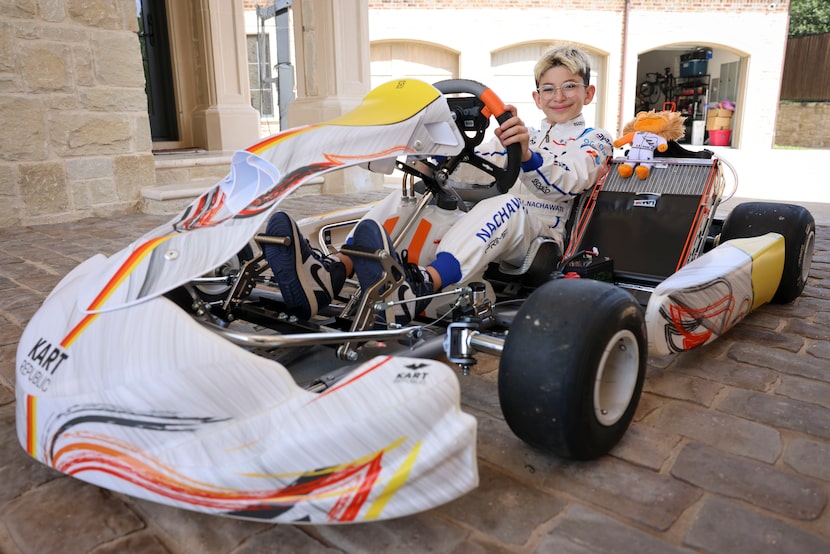 Dallas-based competitive kart racer Liam Nachawati outside his home near White Rock Lake.