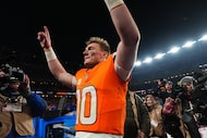 Denver Broncos quarterback Bo Nix celebrates after an NFL divisional round playoff football...