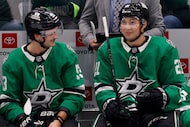 Dallas Stars left wing Jason Robertson (21) smiles after scoring his third goal against the...