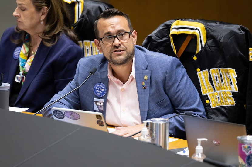 Adam Bazaldua, Dallas City Council Member for District 7, thanks those who spoke during open...