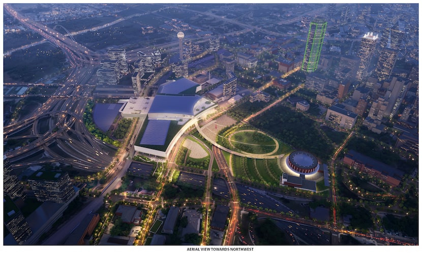 An aerial rendering from 2025 of the proposed new downtown Dallas convention center.