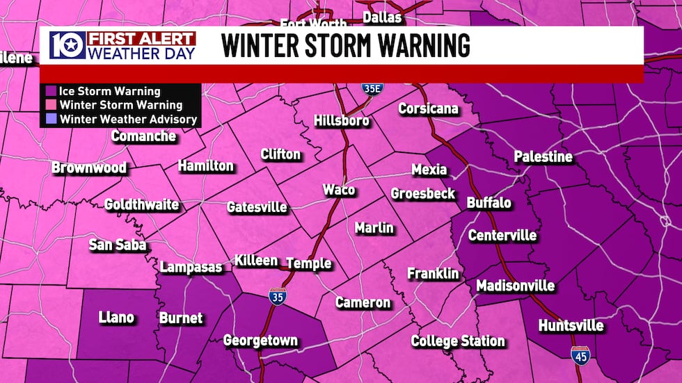 A Winter Storm Warning and an Ice Storm Warning are in effect for parts of Central Texas.