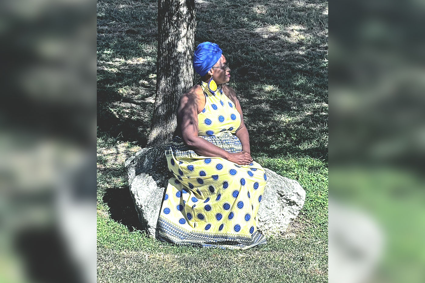 Rosalynn in a blue and yellow dress