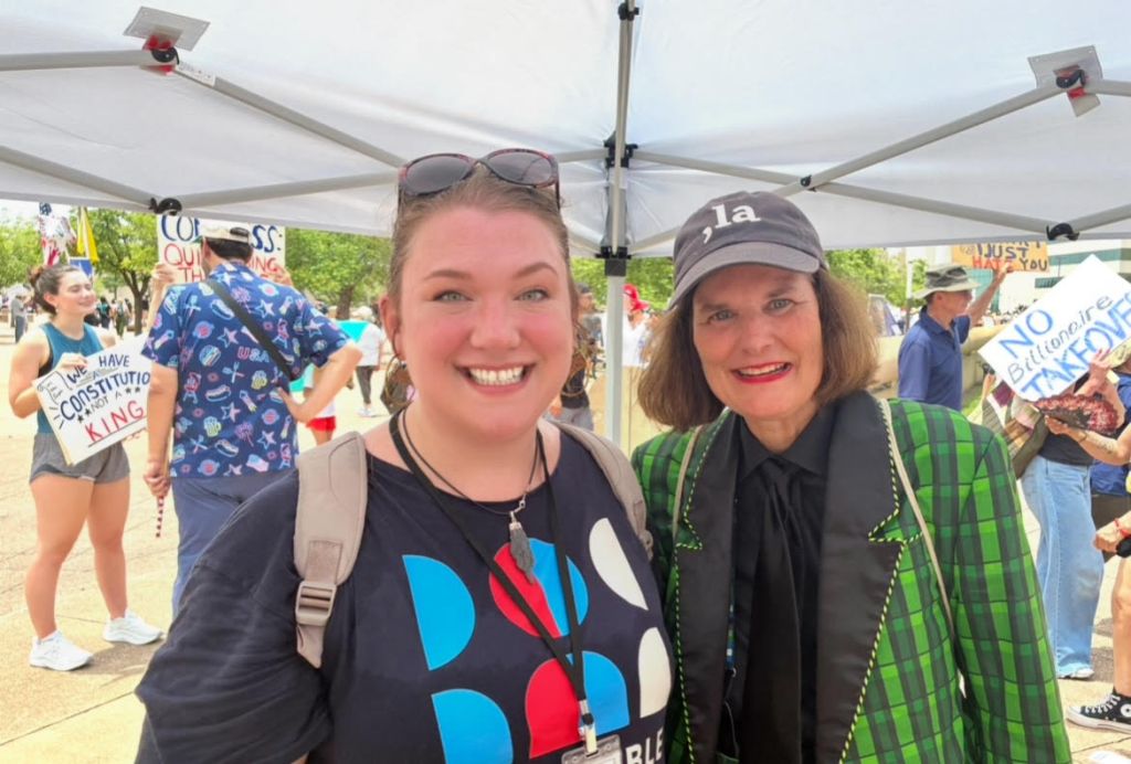 Samantha Mitchell (left) has led Indivisible Dallas since 2016. She stands with comedian Paula Poundstone at a No Kings rally.