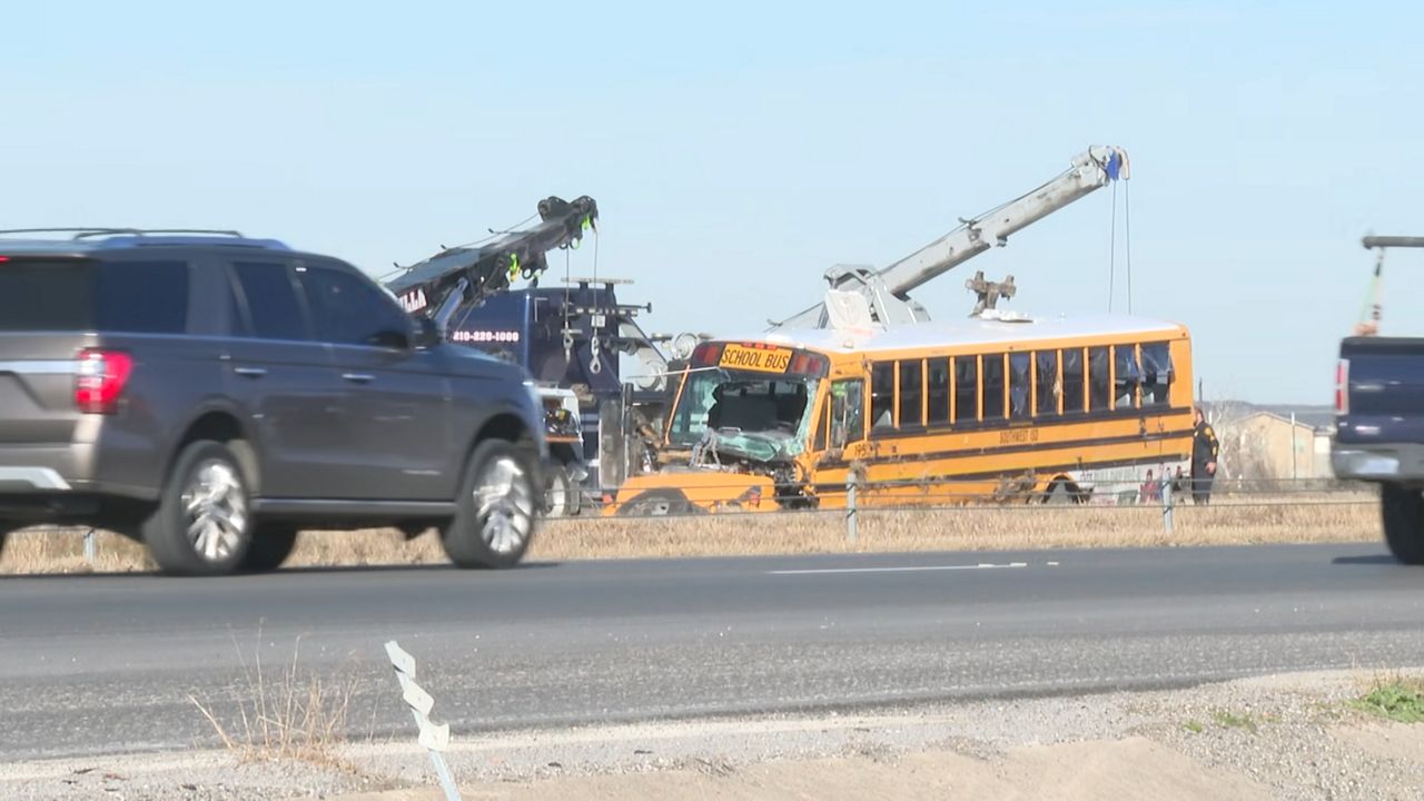 School bus crash on Loop 410 at Old Pearsall Road on Tuesday, Jan. 27, 2026. (Spectrum News 1)