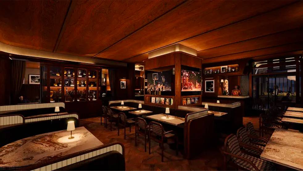 Rendering shows the coming interior of Austin Sports Club, restaurant co-founded by Kevin Durant.