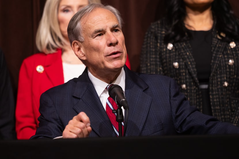 Texas Governor Greg Abbott speaks during a press conference at Heritage Ranch Golf & Country...