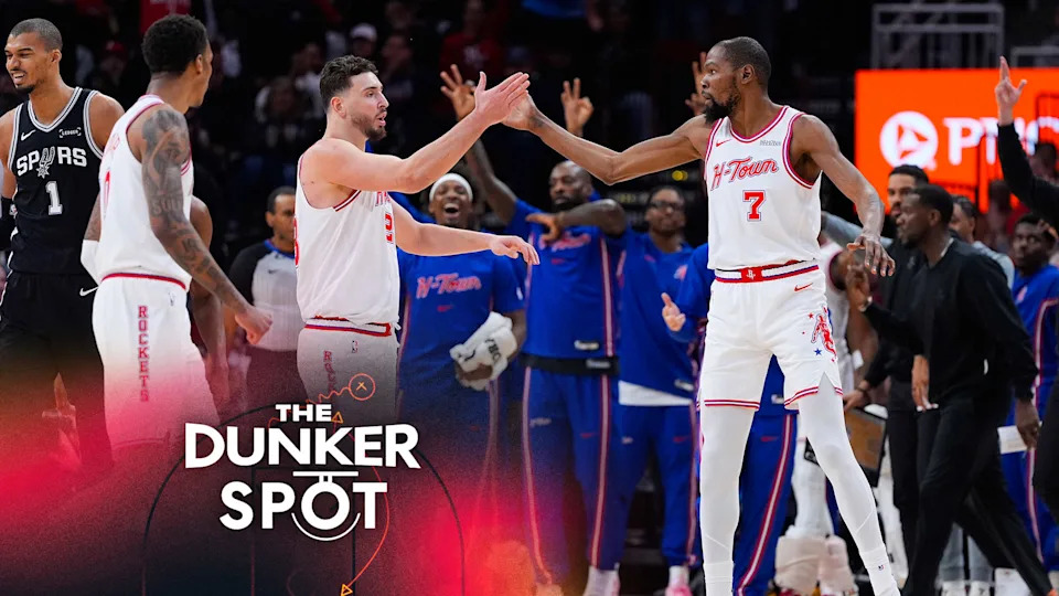 Houston Rockets forward Kevin Durant celebrates with center Alperen Sengun after shooting a 3-pointer against the San Antonio Spurs during the first half of an NBA basketball game in Houston, Wednesday, Jan. 28, 2026. (AP Photo/Ashley Landis)