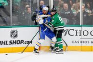  Dallas Stars’ Matt Duchene (95) smashes into Buffalo Sabres’ Jordan Greenway (12) during a...