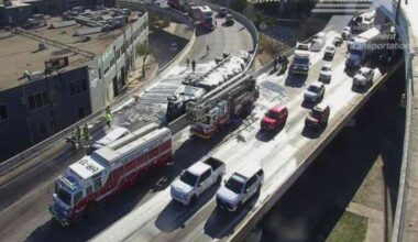 An overturned 18-wheeler in downtown San Antonio on Friday, January 16, 2026. (Texas Department of Transportation)