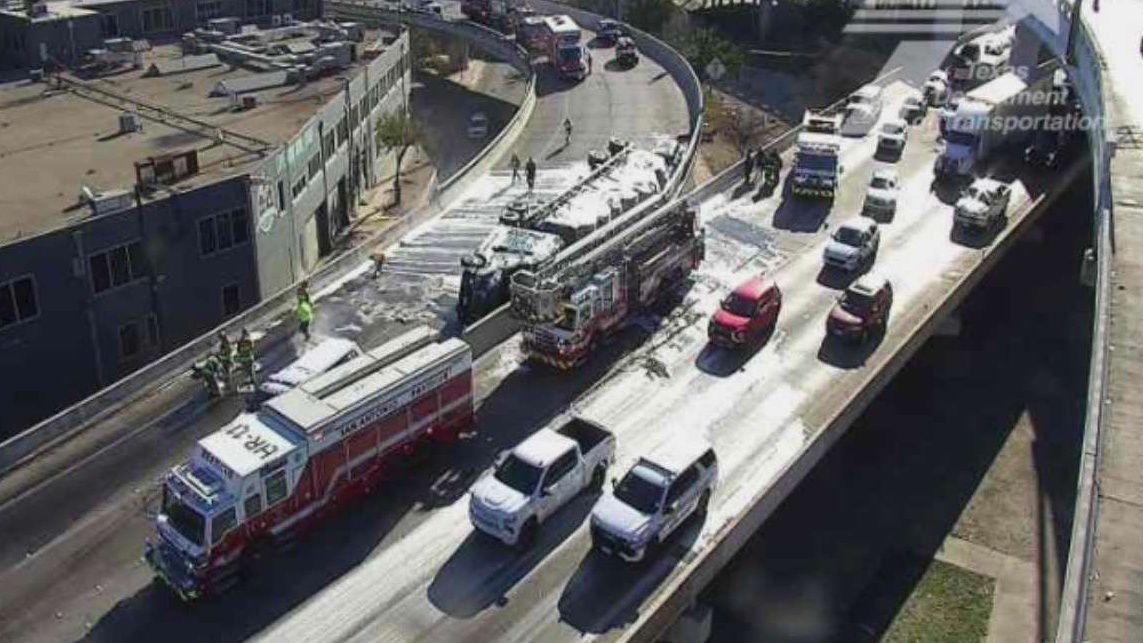 An overturned 18-wheeler in downtown San Antonio on Friday, January 16, 2026. (Texas Department of Transportation)