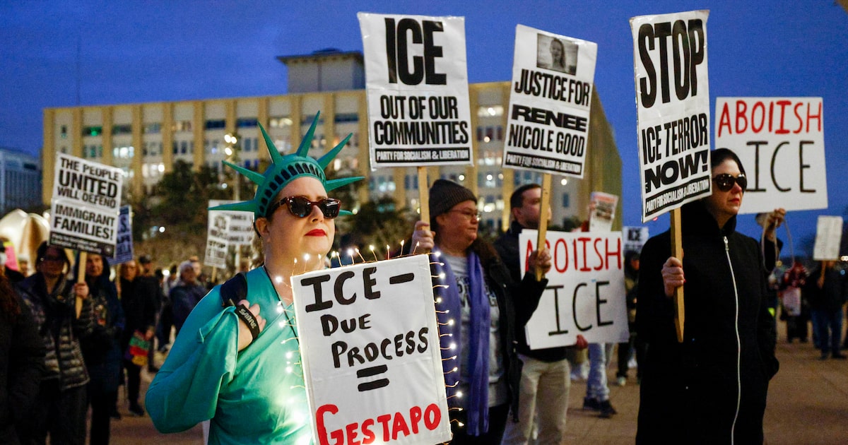 Protesters decry ICE at Dallas City Hall, one year after Trump’s inauguration