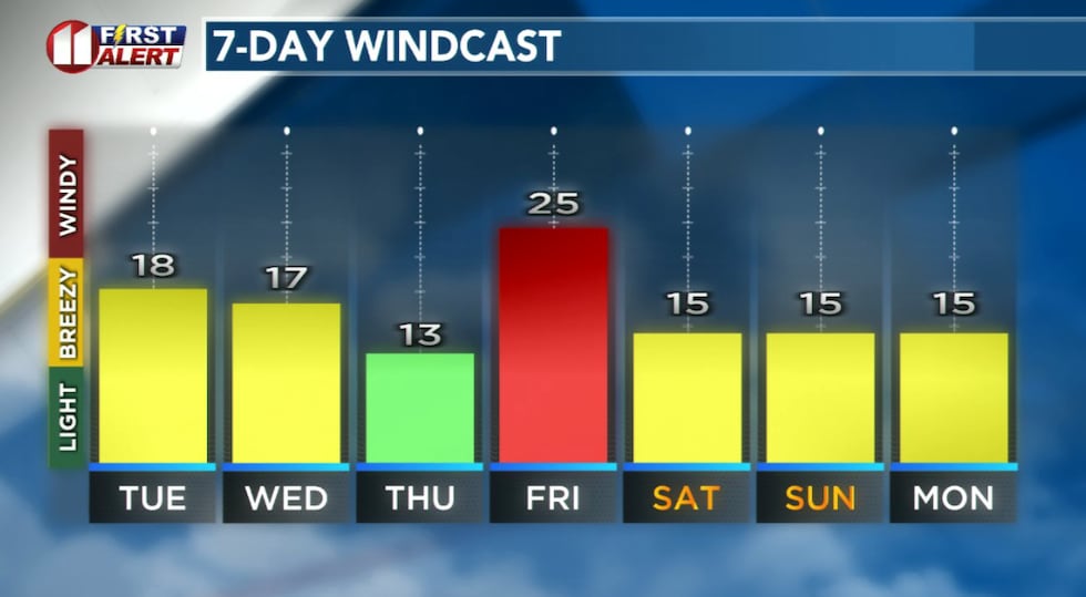 Forecast peak sustained winds are shown in this graph. Peak gusts will exceed the values shown...