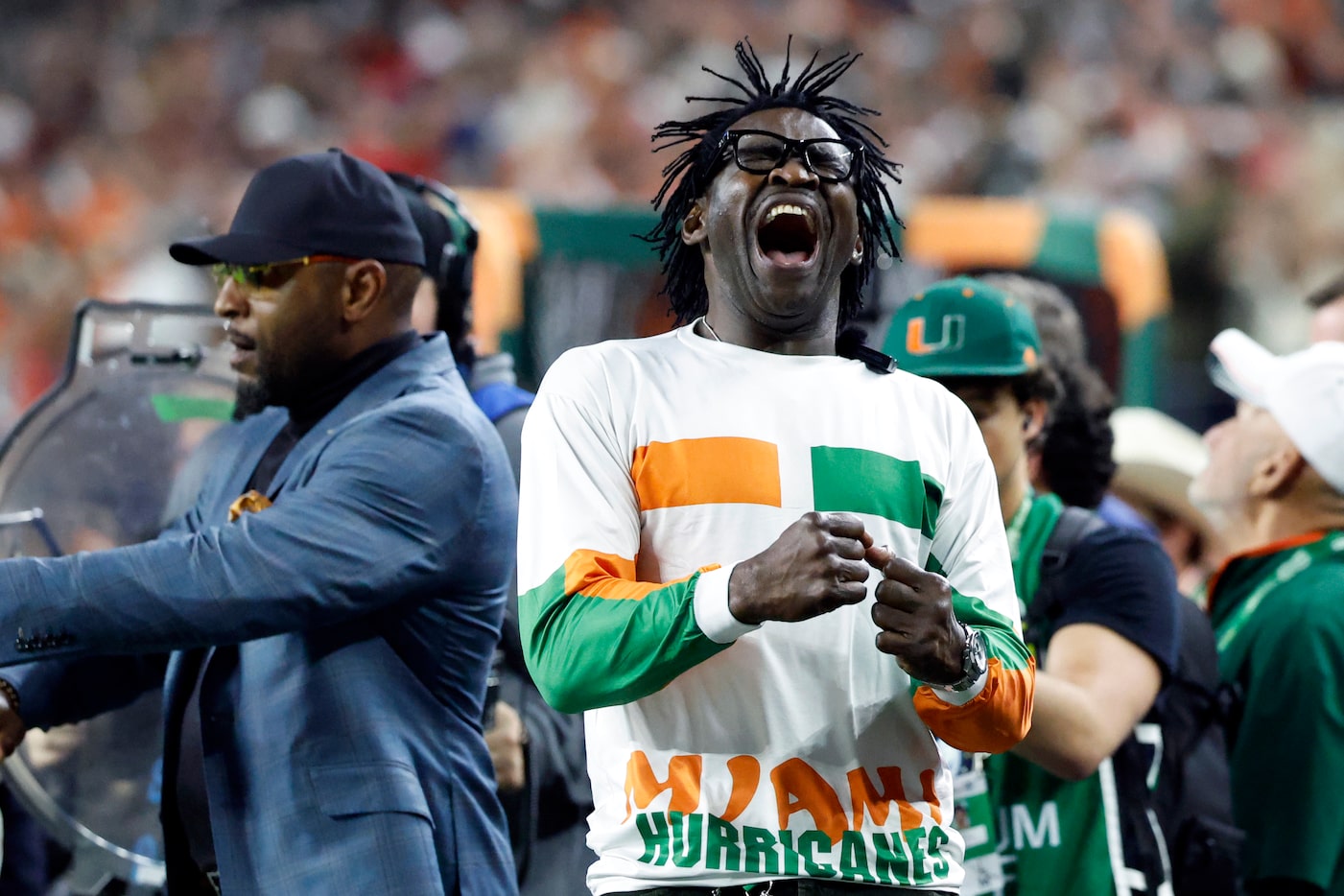 Former Miami Hurricanes and Dallas Cowboys wide receiver Michael Irvin reacts during the...