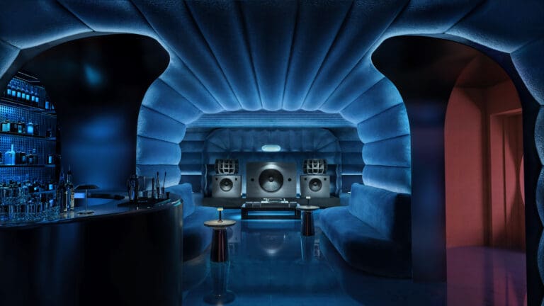 Image shows rendering of the listening space inside Shyboy in Dallas featuring curved walls and a high-tech speaker system.