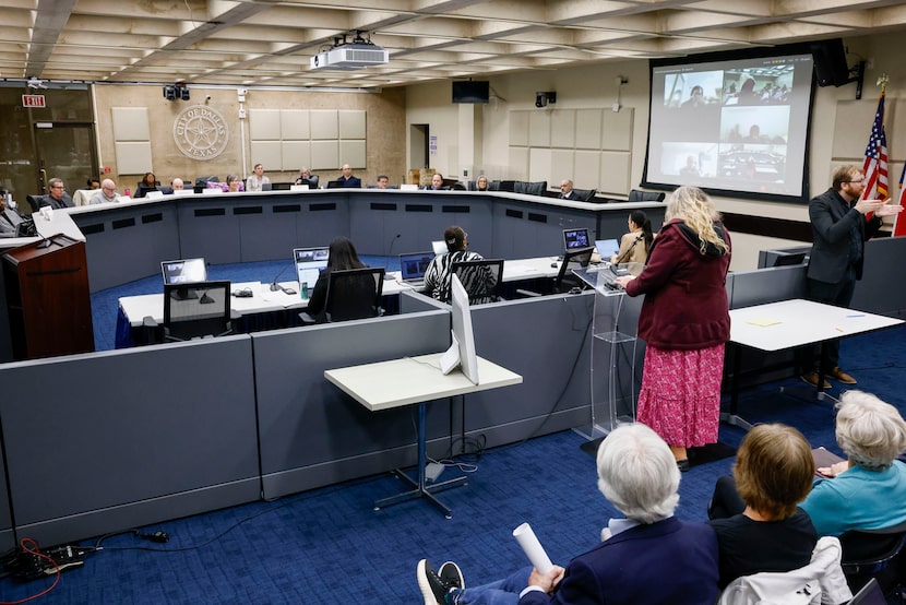 Amanda McLaughlin speaks in favor of the rainbow stairs in front of Oak Lawn United...