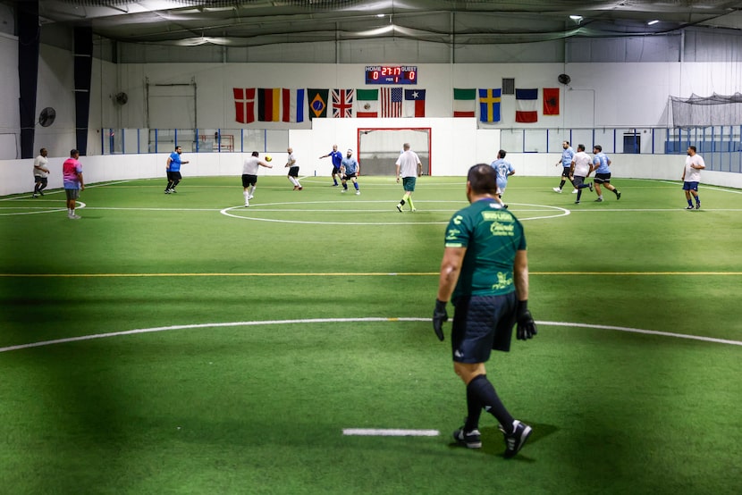 Men play in a Man v Fat Soccer game on Tuesday, Jan. 6, 2026, in The Colony.