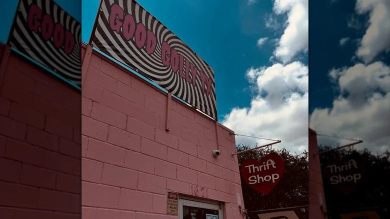 Pink storefront of vintage store Good Golly in Beacon Hill in San Antonio, Texas