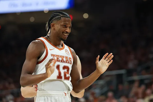AUSTIN, TX – JANUARY 17: Guard Tramon Mark #12 of the Texas Longhorns holds up his arms after a scrum with a Texas A&M Aggies player during the SEC college basketball game between Texas Longhorns and Texas A&M Aggies on January 17, 2026, at Moody Center in Austin, TX. (Photo by David Buono/Icon Sportswire via Getty Images)