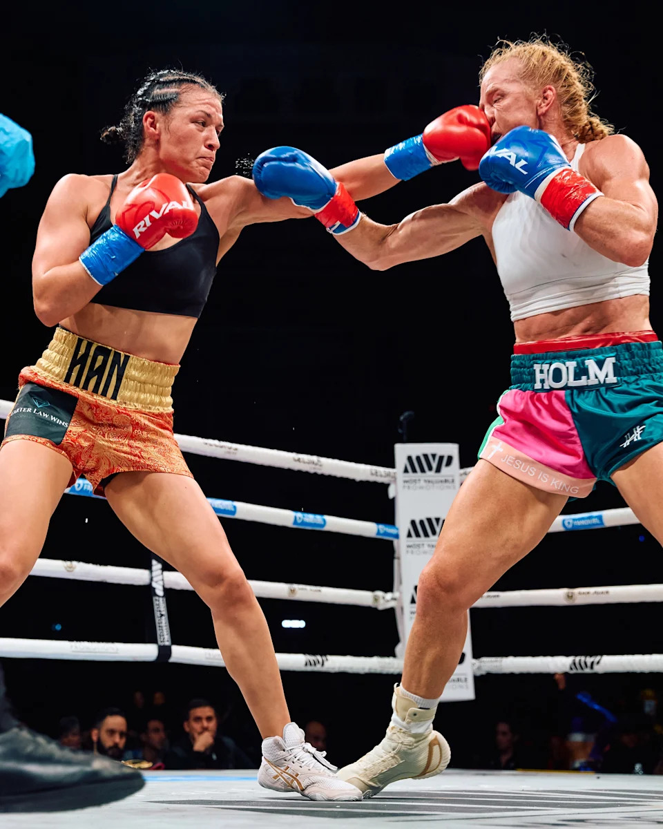 El Paso's Stephanie Han lands a jab vs. Holly Holm during their WBA lightweight title fight on Jan. 3, 2026 in San Juan, Puerto Rico. Han won by decision to improve to 12-0.