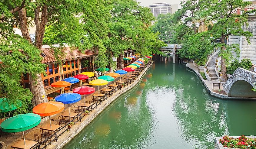 Colorful umbrellas along the River walk in San Antonio