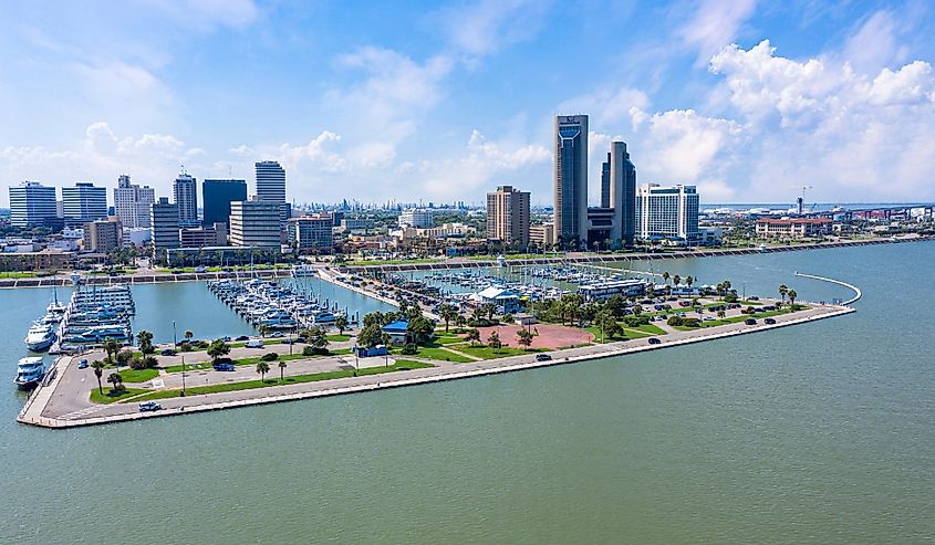 Panorama aerial view with skylines and marina piers row of boat, sailboat and yacht of Corpus Christi, Texas